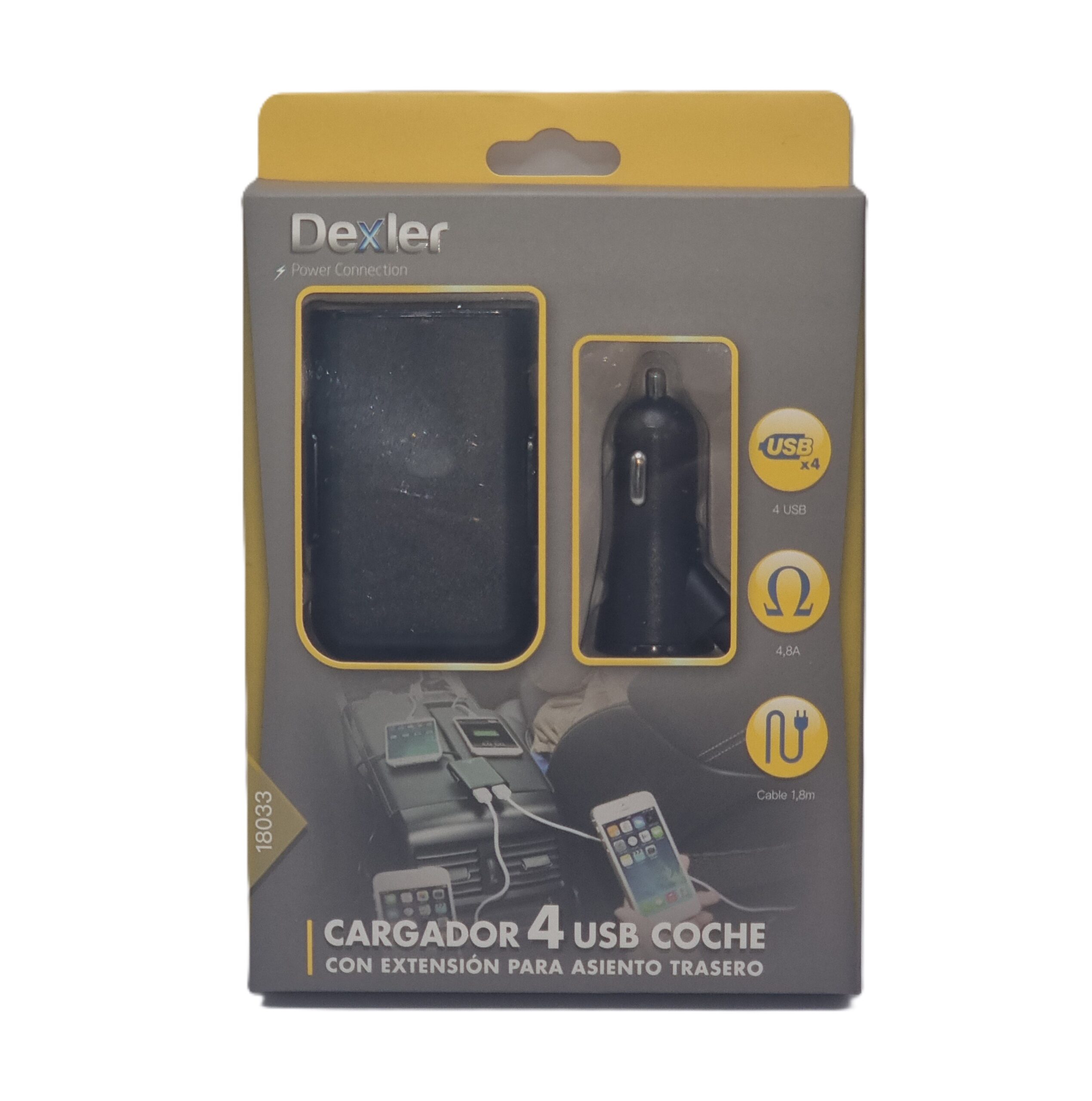 Cargador 4 USB de coche. 2 USB delanteros con extensión de otros 2 USB para la parte trasera.