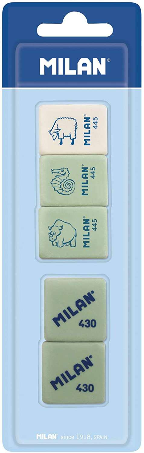 Milan Pack de 5 Gomas de Borrar, 3xGomas 445 Nata Rectangulares + 2xGomas 430 Cuadradas - Miga de pan - Caucho Suave Sintetico - Colores Surtidos