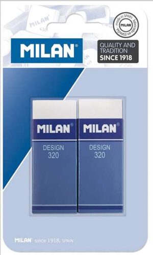 Milan Nata 320 Pack de 2 Gomas de Borrar Rectangulares - Plastico - Faja de Carton Azul - Todo tipo de Superficies - Color Blanco