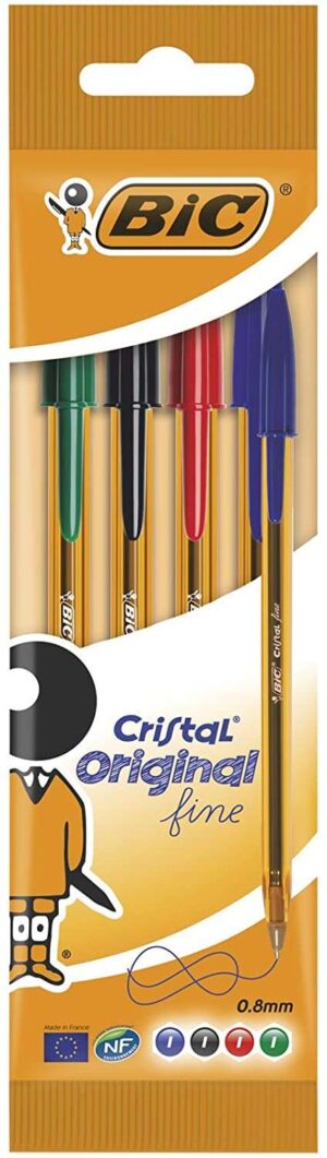 Bic Cristal Original Fine Pack de 4 Boligrafos de Bola - Punta Redonda de 0.8mm - Trazo de 0.30mm - Tinta con Base de Aceite - Translucido - Colores Surtidos