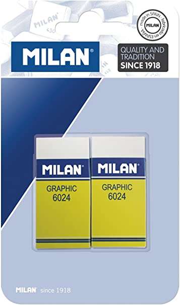 Milan Nata 6024 Graphic Pack de 2 Gomas de Borrar Rectangulares - Plastico - Faja de Carton Amarilla - No daña el Papel - Color Blanco