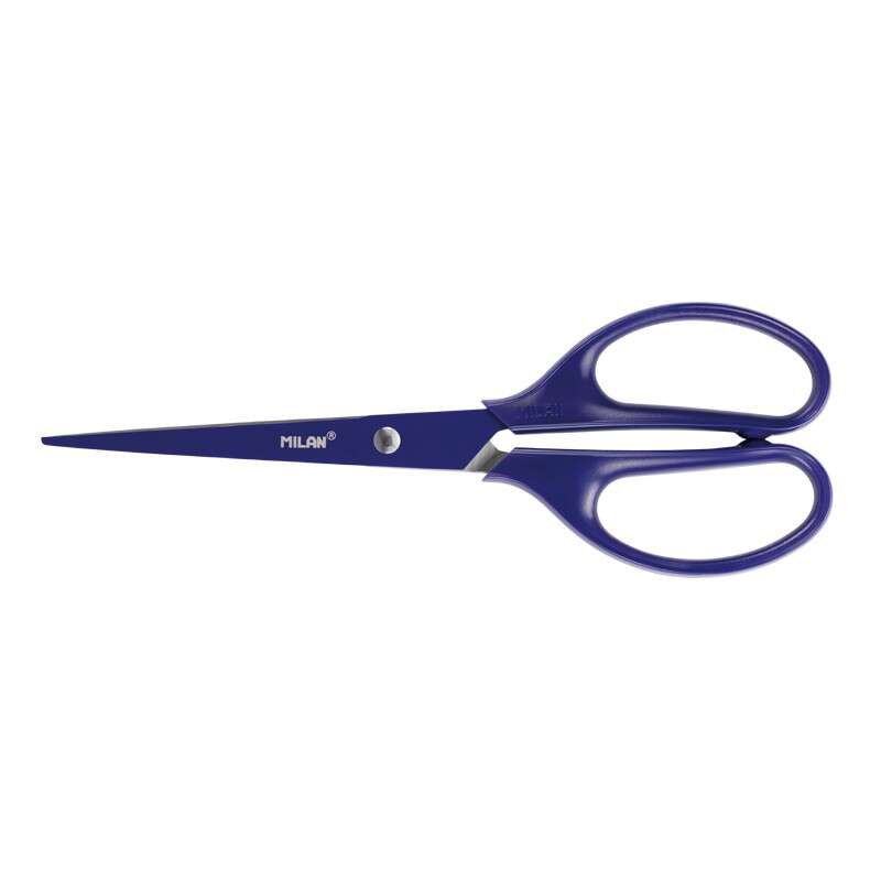 Milan Tijeras Oficina Acid con Cuchilla de Acero Inoxidable - Mango de Plastico Simetrico - Longitud 17cm - Color Azul