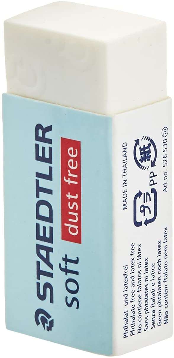 Staedtler Soft 526 S30 Goma de Borrar - Plastico - Maxima Limpieza - Faja Protectora - No Decolora el Papel - Color Blanco