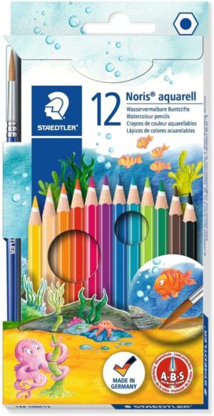 Staedtler Noris Aquarell Pack de 12 Lapices Hexagonales de Colores + Pincel - Madera de Bosques Sostenibles - Colores Surtidos