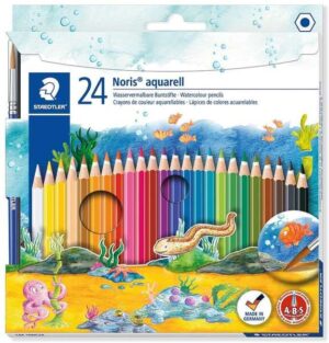 Staedtler Noris Aquarell Pack de 24 Lapices Hexagonales de Colores + Pincel - Madera de Bosques Sostenibles - Colores Surtidos