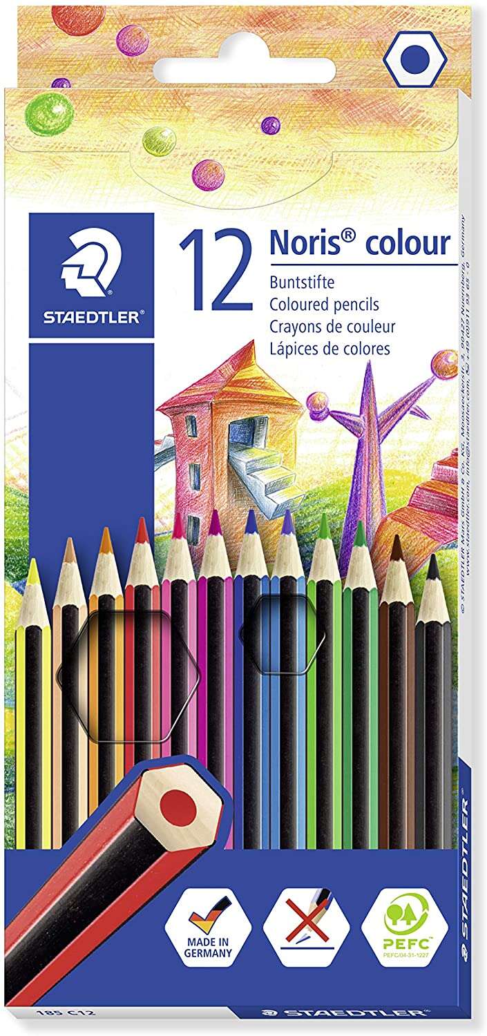 Staedtler Noris Colour 185 Pack de 12 Lapices Hexagonales de Colores - Fabricados en Wopex - Muy Resistentes - Madera de Fuentes Sostenibles - Colores Surtidos