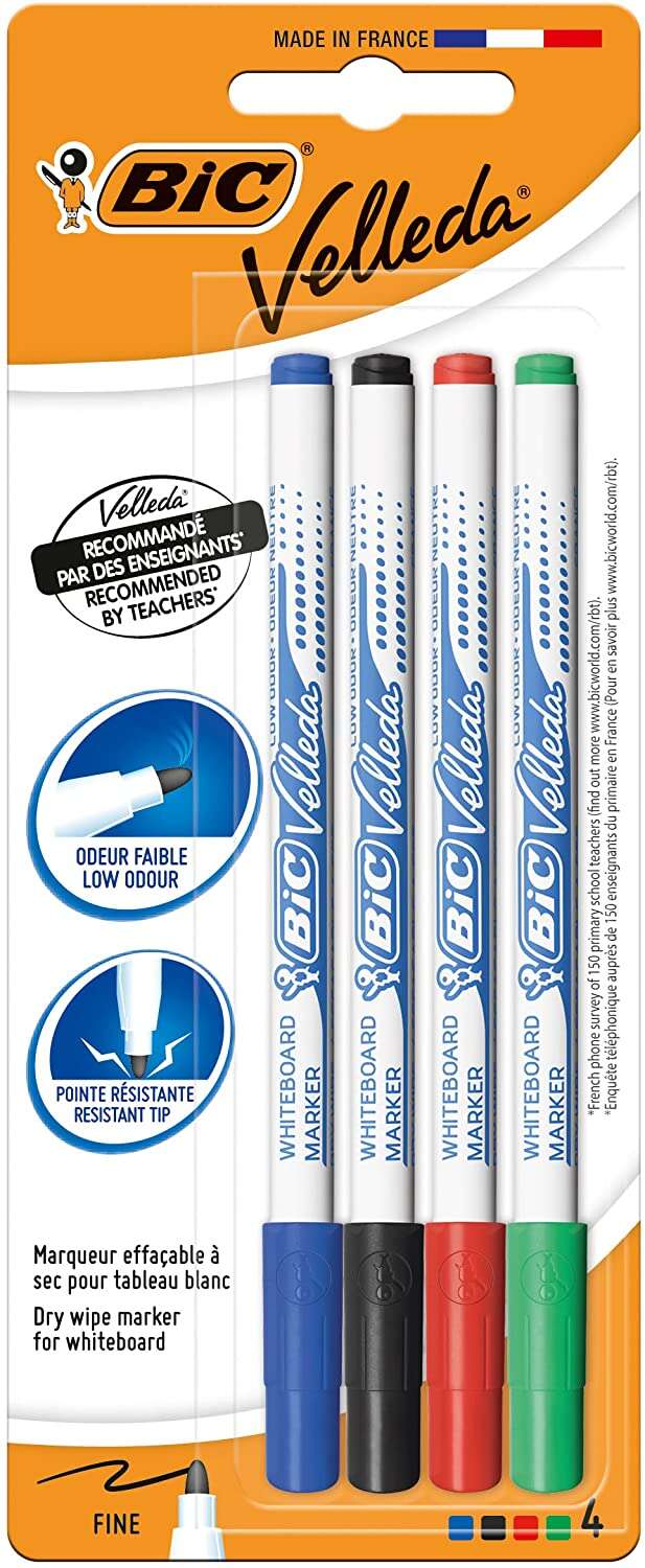 Bic Velleda 1721 Pack de 4 Rotuladores para Pizarra - Punta Fina - Trazo de 1.6mm - Borrado Optimo - Colores Surtidos