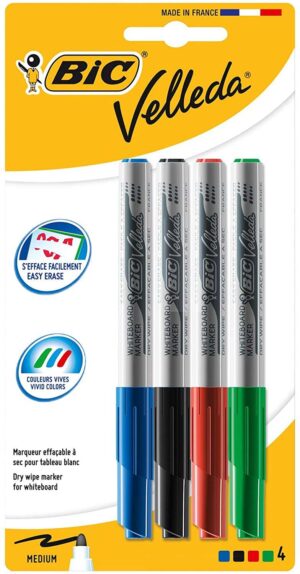 Bic Velleda 1741 Pack de 4 Rotuladores para Pizarra - Punta Media - Trazo de 1.4mm - Borrado Optimo - Colores Surtidos