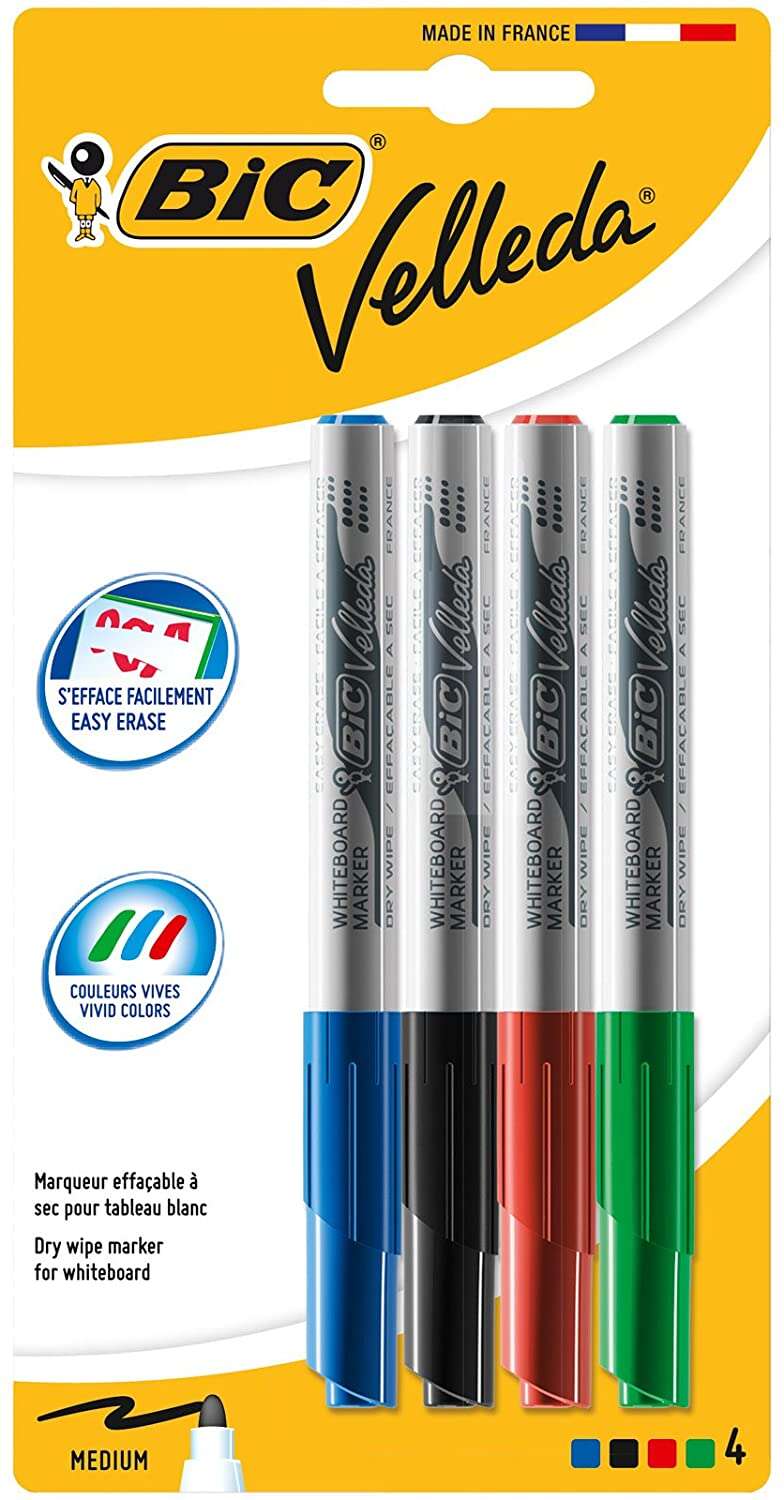 Bic Velleda 1741 Pack de 4 Rotuladores para Pizarra - Punta Media - Trazo de 1.4mm - Borrado Optimo - Colores Surtidos