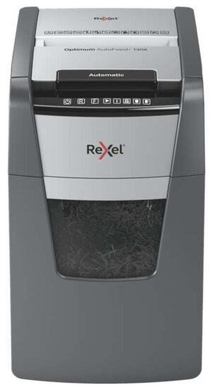 Rexel Optimum AutoFeed 130X Destructora Automatica de Corte en Particulas P-4 - Autoalimentacion 130 Hojas, Manual 8 Hojas - Papelera de 44L - Anti Atasco