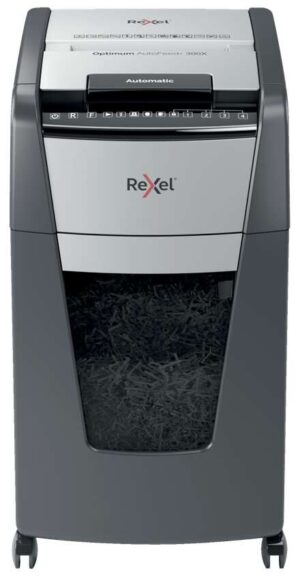 Rexel Optimum AutoFeed 300X Destructora Automatica de Corte en Particulas P-4 - Alimentacion Automatica 300 Hojas y Ranura Manual 10 Hojas - Funcionamiento Ininterrunpido 60min - Papelera de 34L - Color Gris/Plata