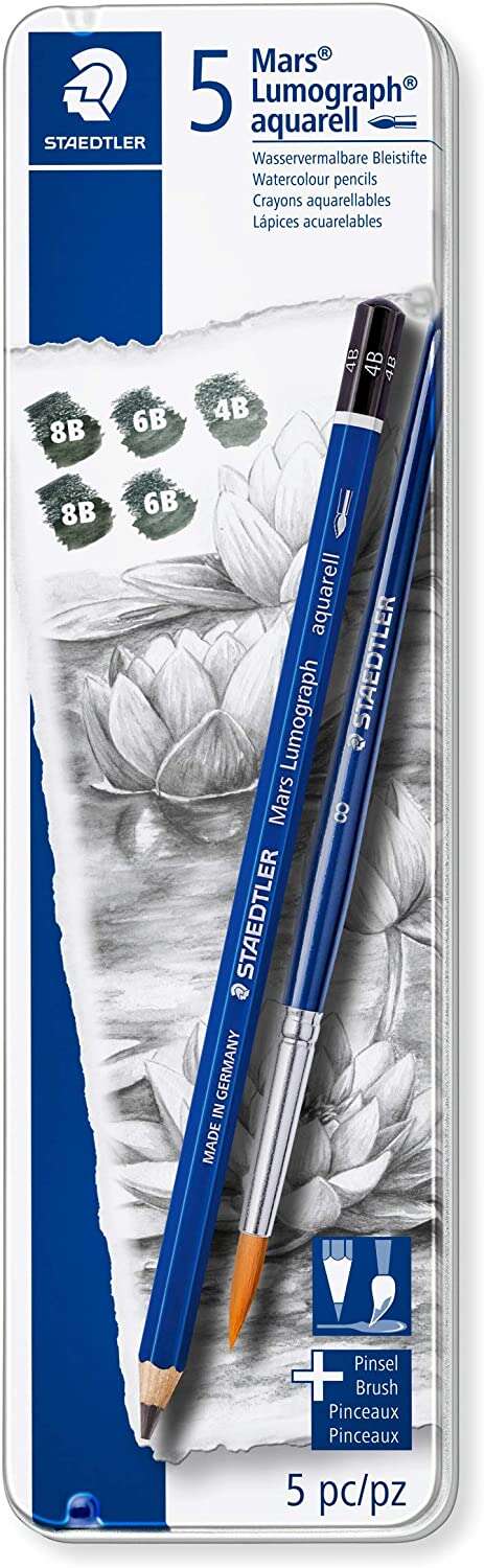 Staedtler Mars Lumograph Aquarell 100A Pack de 5 Lapices de Grafito + Pincel - Resistencia a la Rotura - Graduaciones Surtidas