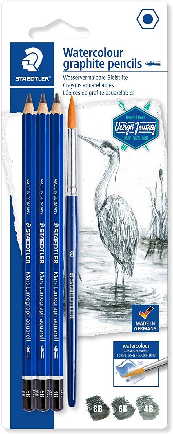 Staedtler Mars Lumograph Aquarell 100A Pack de 3 Lapices de Grafito + Pincel - Resistencia a la Rotura - Graduaciones Surtidas