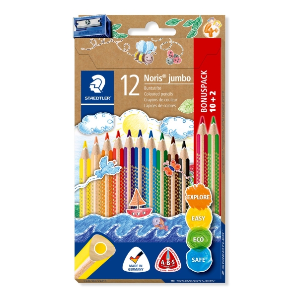 Staedtler Jumbo Noris 128 Pack de 12 Lapices Triangulares de Colores - Diseño Ergonomico - Colores Surtidos