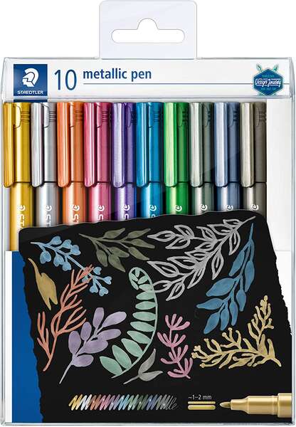 Staedtler Metallic Pen Pack de 10 Rotuladores de Punta Fina - Tinta Base de Agua - Trazo 1 - 2mm Aprox - Colores Surtidos