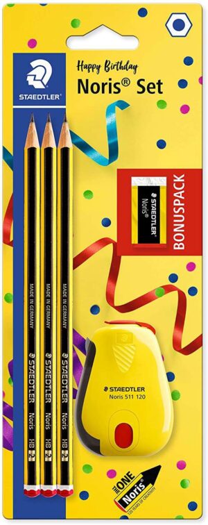 Staedtler Noris 120 Pack de 3 Lapices de Grafito Hexagonales + Goma de Borrar + Sacapuntas - Mina HB Ultrarresistente de 2mm - Madera de Bosques Sostenibles