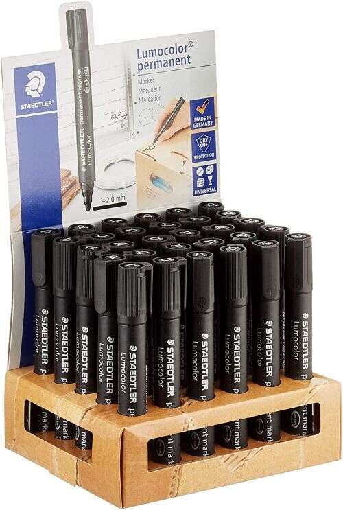 Staedtler Lumocolor 352 Expositor de 30 Rotuladores Permanentes - Punta Redonda - Trazo 2mm Aprox - Capuchon con Clip - Secado Rapido - Color Negro