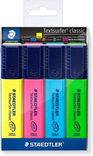 Staedtler Textsurfer Classic 364 Pack de 4 Marcadores Fluorescentes - Secado Rapido - Trazo 1 - 5mm Aprox - Colores Surtidos