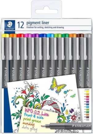Staedtler Pigment Liner 308 Pack de 12 Rotuladores Calibrados - Trazo 0.5mm - Secado Rapido - Colores Surtidos