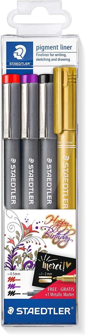 Staedtler Pigment Liner 308 Pack de 4 Rotuladores Calibrados - Trazo 0.5mm - Secado Rapido - Colores Surtidos