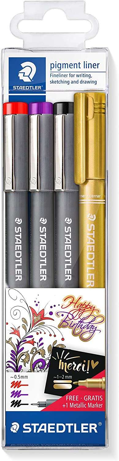 Staedtler Pigment Liner 308 Pack de 4 Rotuladores Calibrados - Trazo 0.5mm - Secado Rapido - Colores Surtidos