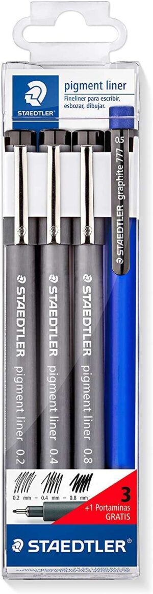 Staedtler Pigment Liner 308 Pack de 3 Rotuladores Calibrados 0,2 0,4 y 0,8mm + 1 Portaminas 0.5mm - Secado Rapido - Color Negro