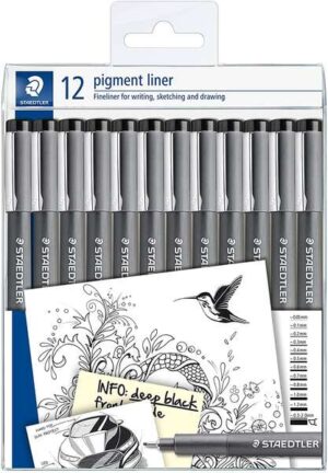 Staedtler Pigment Liner 308 Pack de 12 Rotuladores Calibrados - Tamaños de Puntas Surtidos - Color Negro