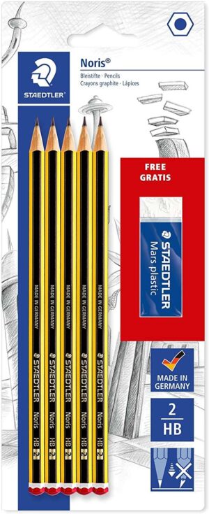 Staedtler Noris 120 Pack de 5 Lapices de Grafito Hexagonales 2HB + 1 Goma de Borrar Mars Plastic - Madera de Bosques Sostenibles