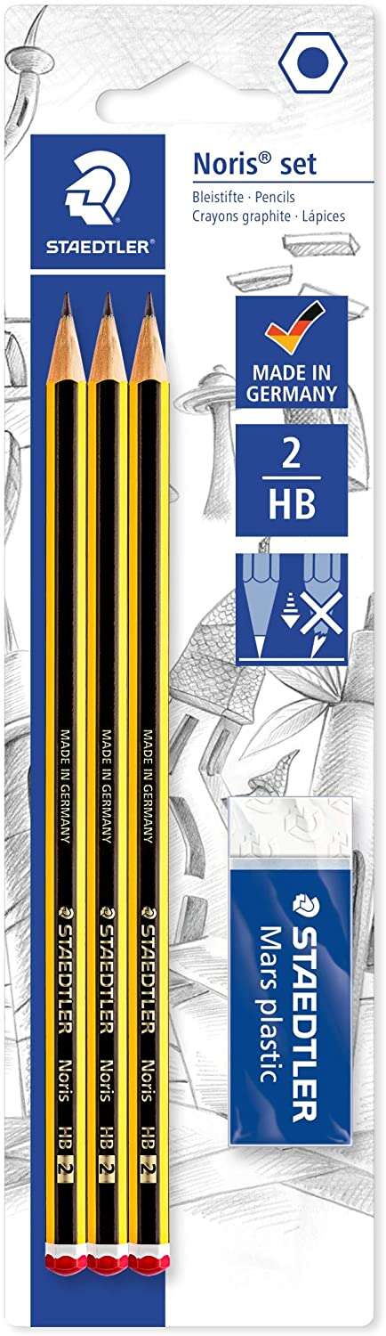 Staedtler Noris 120 Pack de 3 Lapices de Grafito Hexagonales 2HB + 1 Gomas de Borrar Mars Plastic - Madera de Bosques Sostenibles