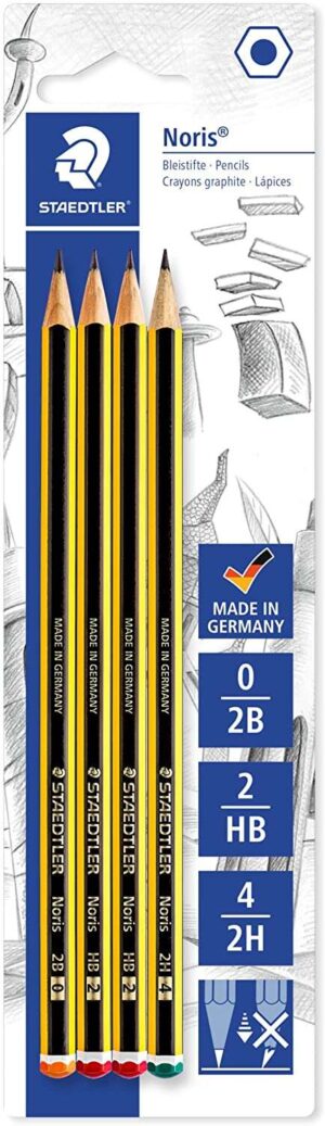 Staedtler Noris 120 Pack de 4 Lapices de Grafito Hexagonales - Graduaciones Surtidas - Resistencia a la Rotura - Madera de Bosques Sostenibles