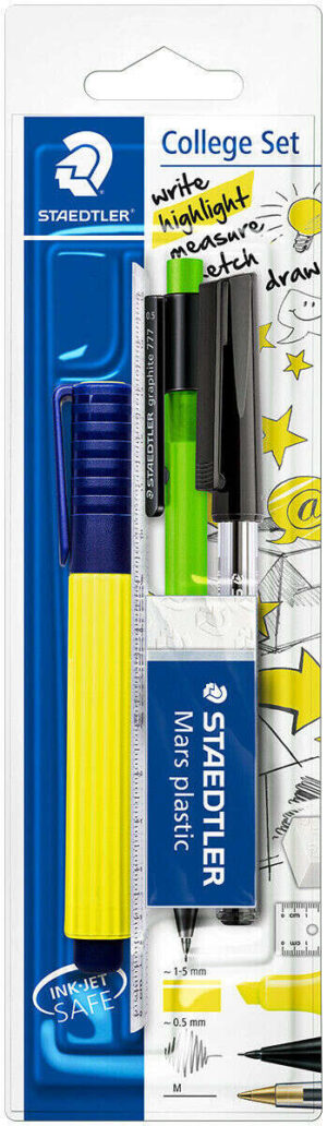 Staedtler Pack Escolar Compuesto por 1 Marcador Amarillo + 1 Goma de Borrar + 1 Boligrafo Negro + 1 Portaminas de 0.5mm + 1 Regla