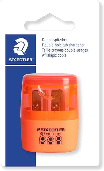 Staedtler Sacapuntas Doble Uso con Deposito - 2 Agujeros - De 8.2mm hasta 10.2mm - Color Naranja Neon