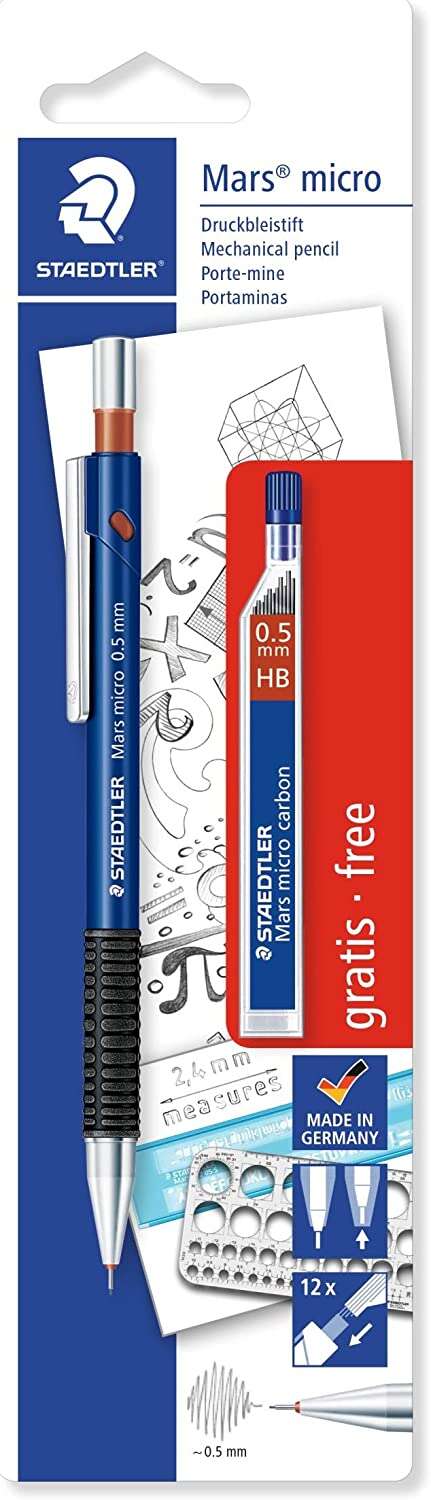 Staedtler Mars Micro Pack de 1 Portaminas 0.5mm + 1 Tubo de 12 Minas - Minas HB - Zona de Agarre de Goma
