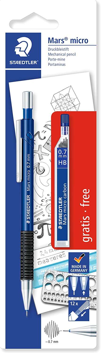 Staedtler Mars Micro Pack de 1 Portaminas 0.7mm + 1 Tubo de 12 Minas - Minas HB - Zona de Agarre de Goma