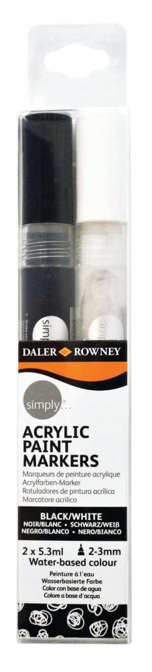 Daler Rowney Simply Pack de 2 Rotuladores Acrilicos - Secado Rapido - Optima Cobertura - Base de Agua - Color Negro y Blanco