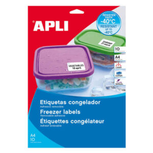 Apli Pack de 650 Etiquetas Especiales para Congelador 38.1x21.2mm - 10 Hojas por 65 Etiquetas - Adhesivo Removible Resistente hasta -40º - Cantos Rectos - Color Blanco