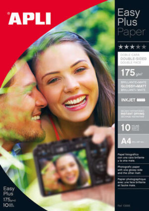 Apli Pack de 10 Hojas Papel Fotografico Photobright Doble Cara A4 175g - Brillante en una Cara y Mate en la otra - Indicado para Impresoras Fotograficas