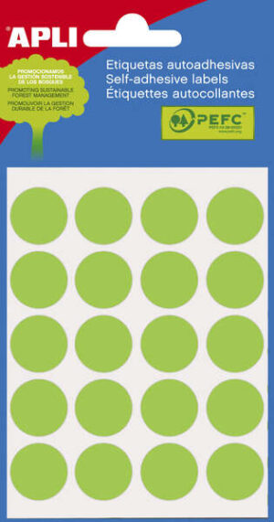 Apli Minibolsa de 100 Etiquetas Redondas Ø 19mm - 5 Hojas por 20 Etiquetas - Adhesivo Permanente - Aptas para Escritura con Lapiz, Boligrafo y Rotulador - Color Verde