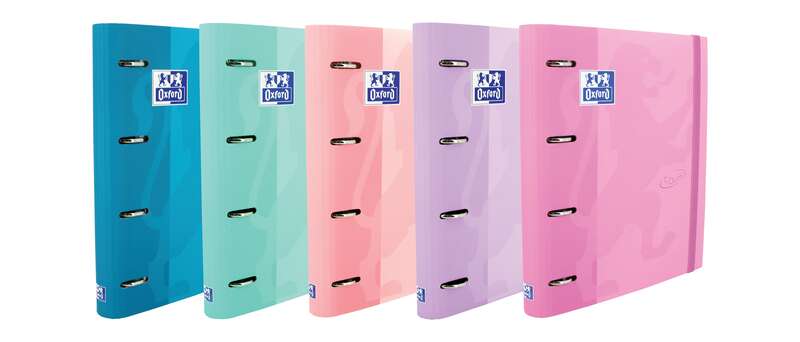 Oxford Europeanbinder Touch Carpeta de 4 Anillas Formato A4+ con Recambio Cuadriculado 5x5mm y 4 Taladros - Tapa Tacto Suave - Cierre con Goma Elastica - Colores Surtidos Pastel