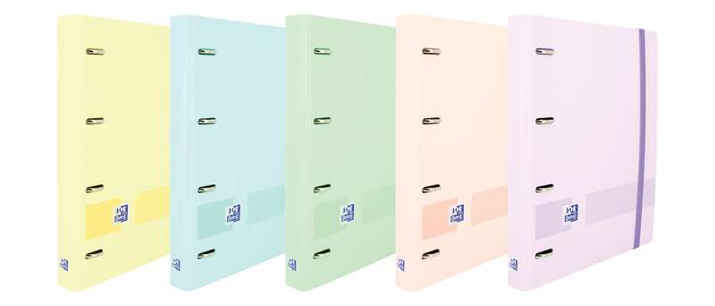 Oxford Europeanbinder Live & Go Carpeta de 4 Anillas Formato A4+ con Recambio Cuadriculado 5x5mm y 4 Taladros - Tapa de Plastico Resistente - Cierre con Goma Elastica - Colores Surtidos Pastel