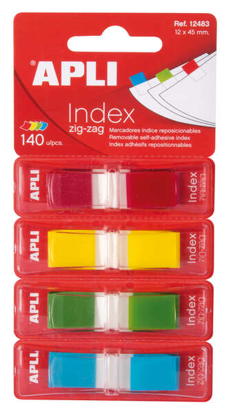 Apli Indices Adhesivos Film Zigzag 45x12mm 4 Dispensadores de 35 Indices de 4 Colores - Faciles de Aplicar - Adhesivo de Calidad - Diseño Zigzag - Organiza Tus Documentos - Multicolor