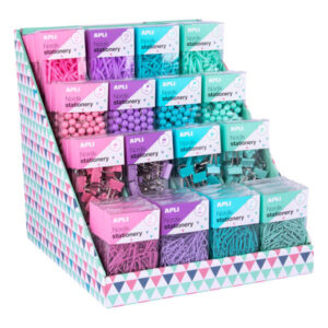 Apli Nordik Collection Expositor de Productos Basicos - Colores Pastel Surtidos - 12 Cajas de Gomas Elasticas, Pins, Clips y Pinzas - Eurohole para Colgar