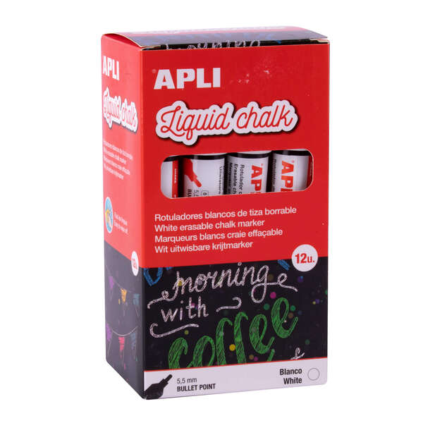 Apli Pack de 12 Rotuladores de Tiza Liquida - Punta Redonda de 5.5mm - Ideal para Pizarras, Plastico, Ventanas, Ceramica, Vinilos, Metal, Etc - Facil de Borrar - Secado Rapido - Color Blanco