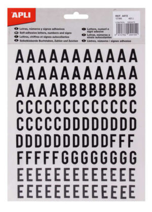 Apli Letras Adhesivas de Palo Mayusculas - Altura 15mm - Pack de 4 Hojas con 468 Letras - Color Negro