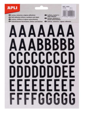 Apli Letras Adhesivas de Palo Mayusculas - Altura 25mm - Color Negro - Pack de 4 Hojas con 209 Letras