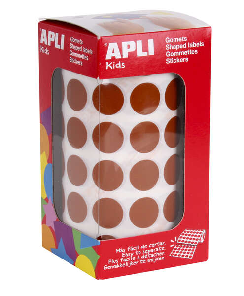 Apli Gomets Redondos Marron Permanentes - Ø 15mm - 59 Hojas Pretroqueladas - 2832 Gomets por Rollo - Ideal para Escuelas y Talleres Infantiles - Normas EN-71 y FSC Cumplidas