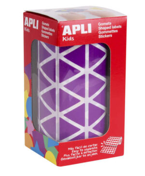 Apli Gomets Triangulares Lila 20x20x20mm - 59 Hojas Pretroqueladas - 2832 Gomets por Rollo - Ideal para Escuelas y Talleres Infantiles - Desarrolla Habilidades y Capacidades - Cumple Normas EN-71 y FSC