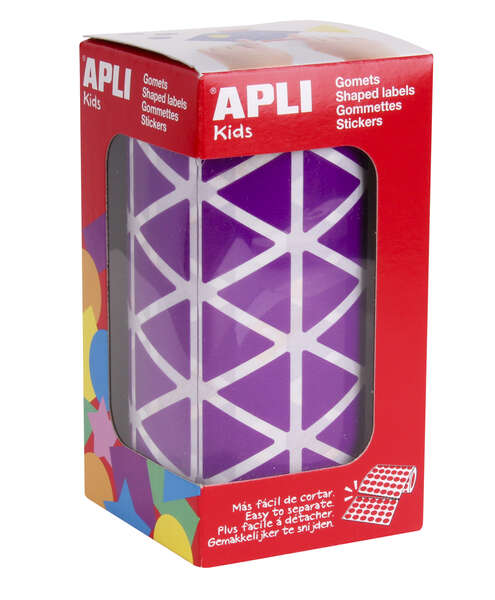 Apli Gomets Triangulares Lila 20x20x20mm - 59 Hojas Pretroqueladas - 2832 Gomets por Rollo - Ideal para Escuelas y Talleres Infantiles - Desarrolla Habilidades y Capacidades - Cumple Normas EN-71 y FSC