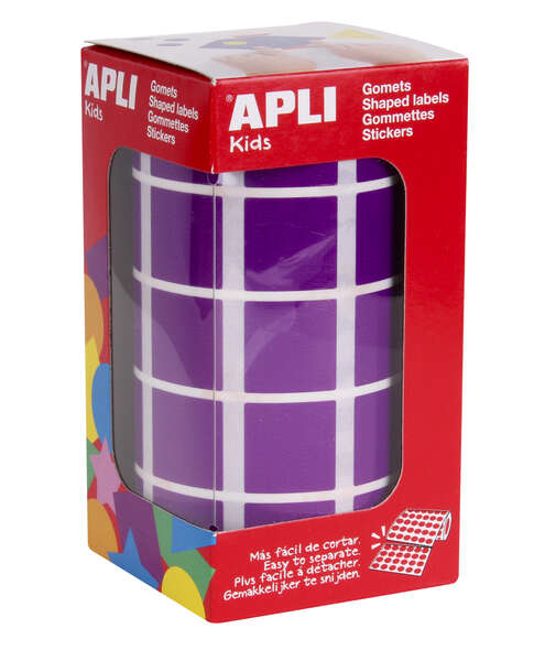 Apli Gomets Cuadrados Lila - 20 x 20mm - 59 Hojas Pretroqueladas - 1770 Gomets por Rollo - Ideal para Escuelas y Talleres Infantiles - Normas EN-71 y FSC - Adhesivo Base Agua - Materiales 100% Reciclables