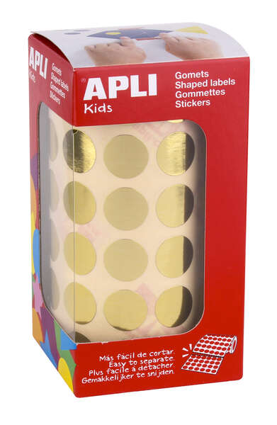 Apli Gomets Redondos Oro Metalizado - Ø 15mm - 2832 Gomets por Rollo - Adhesivo Permanente - Ideal para Escuelas y Talleres Infantiles